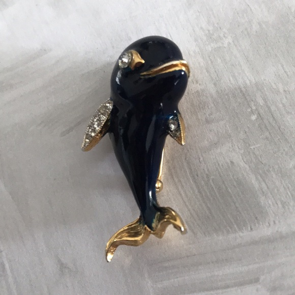 Adorable Dolphin Brooch / Pin; Blue Enamel & Pave Crystals; Gold Tone; Vintage - Picture 5 of 11